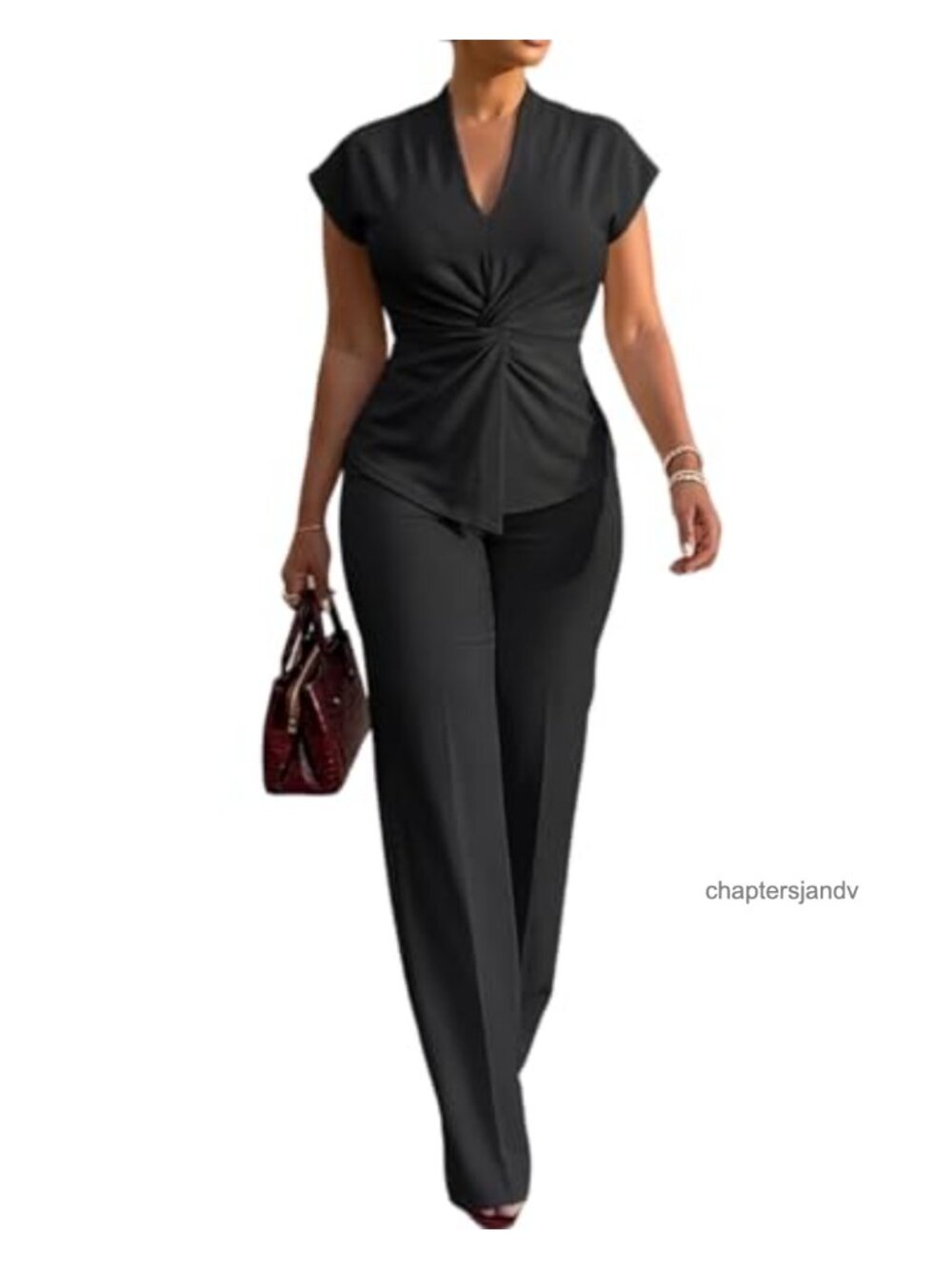 Women 2 Piece Wide Leg Pants Casual Set V Neck Short Sleeve